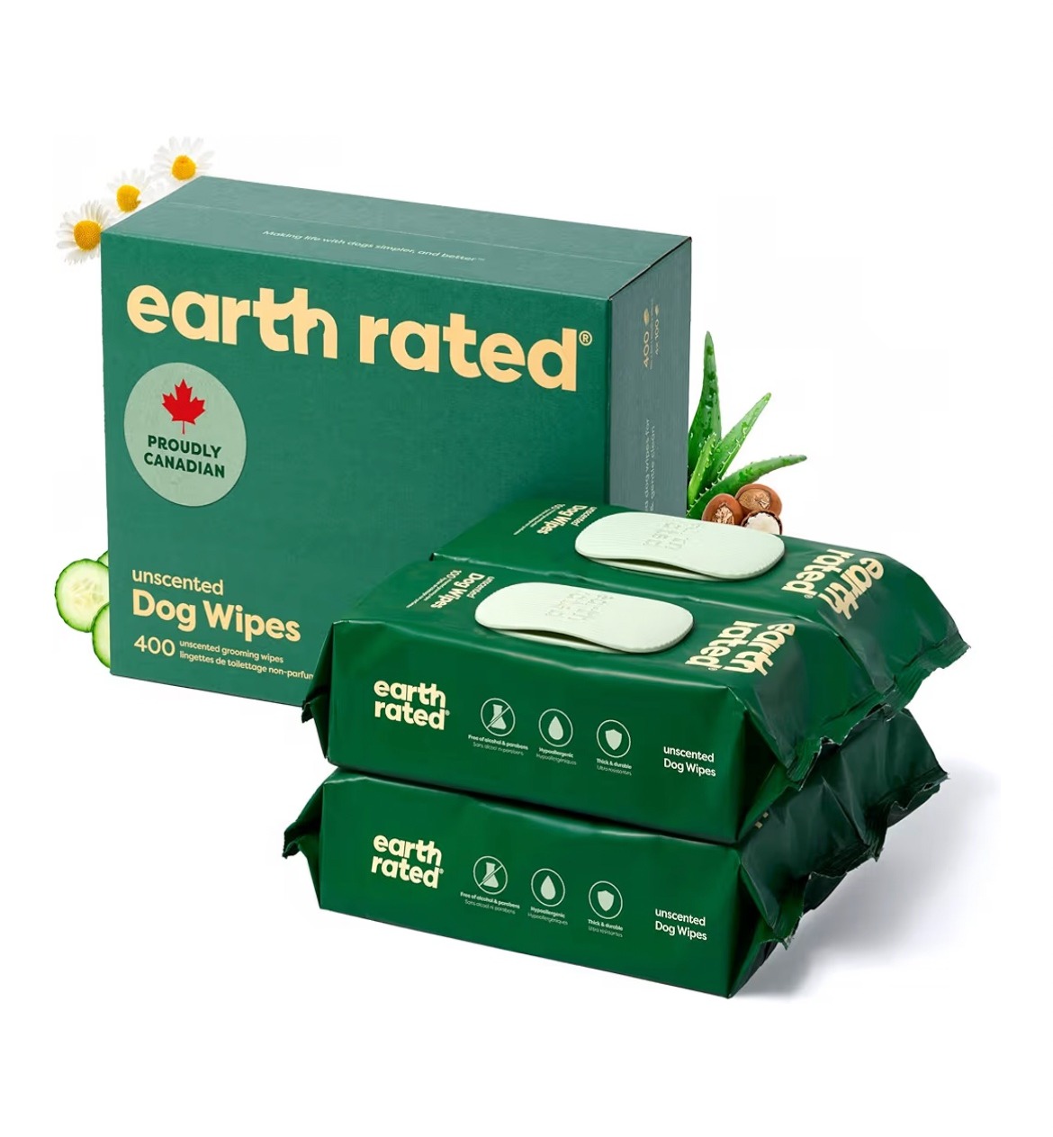 Earth Rated Pet Wipes, Unscented, 400 Count — green box with Proudly Canadian badge and two refill packs