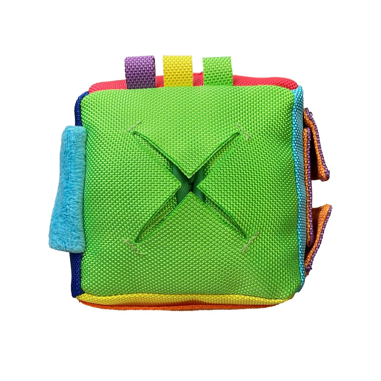 The fouFIT Hide n Seek Nosework Cube — a multi-coloured patchwork fabric cube with treat-hiding pockets