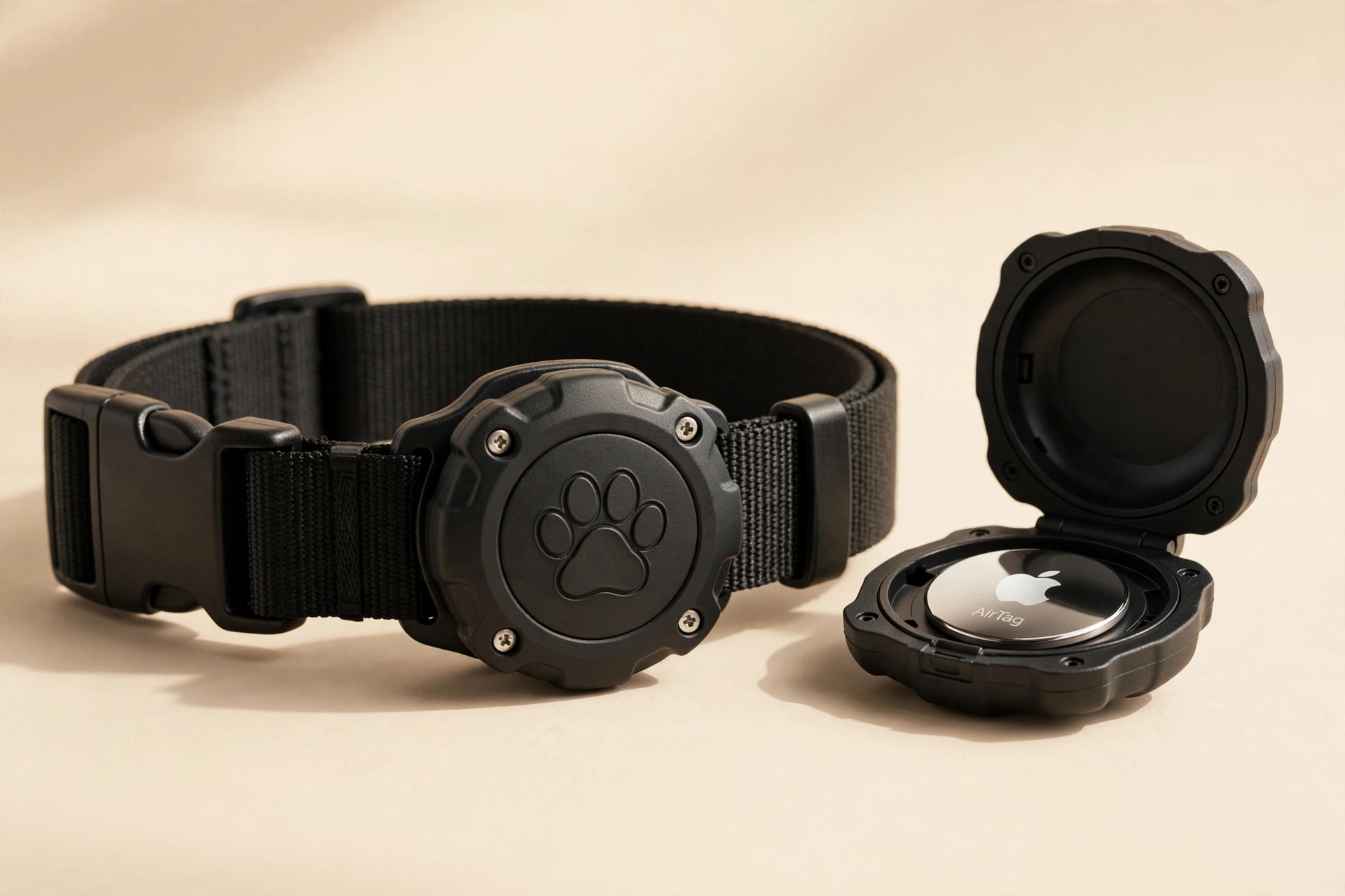 Säker waterproof AirTag collar holder in black, mounted on a black dog collar