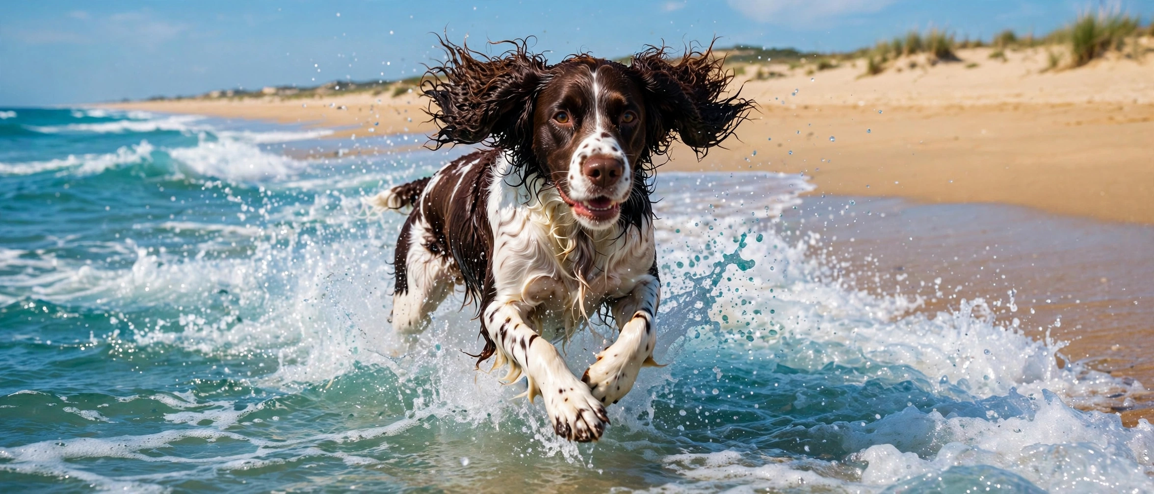 A Springer Spaniel sprinting out of turquoise surf on a sandy beach, ears flying